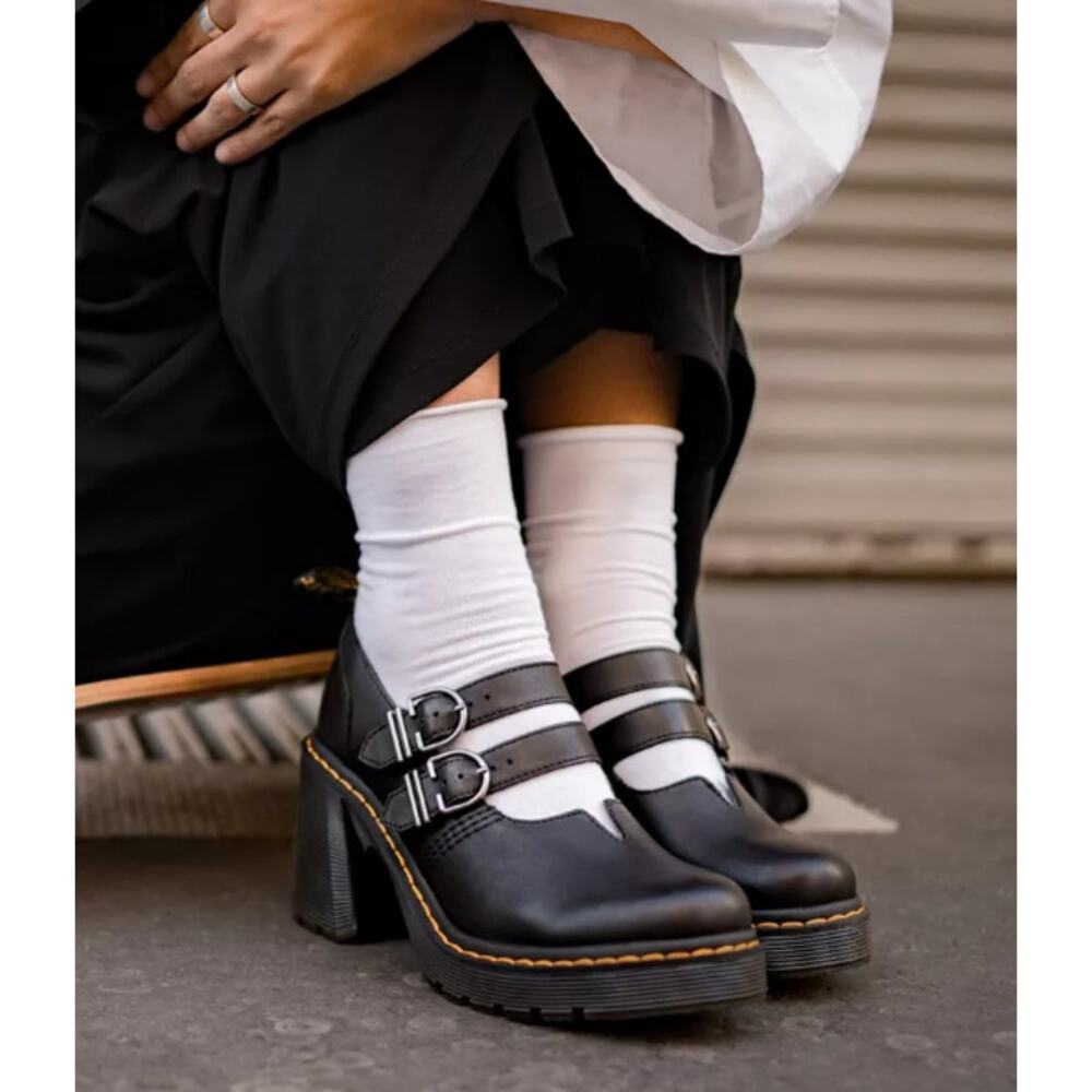 Dr. Martens Eviee Sendal Leather Heeled Mary Jane Platform Shoes Black